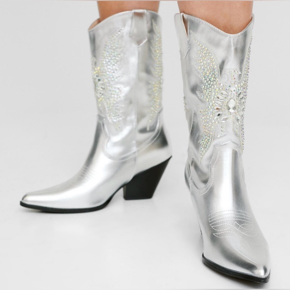 Nasty Gal Metallic Embellished Knee High Western Boots - Picture 3 of 5